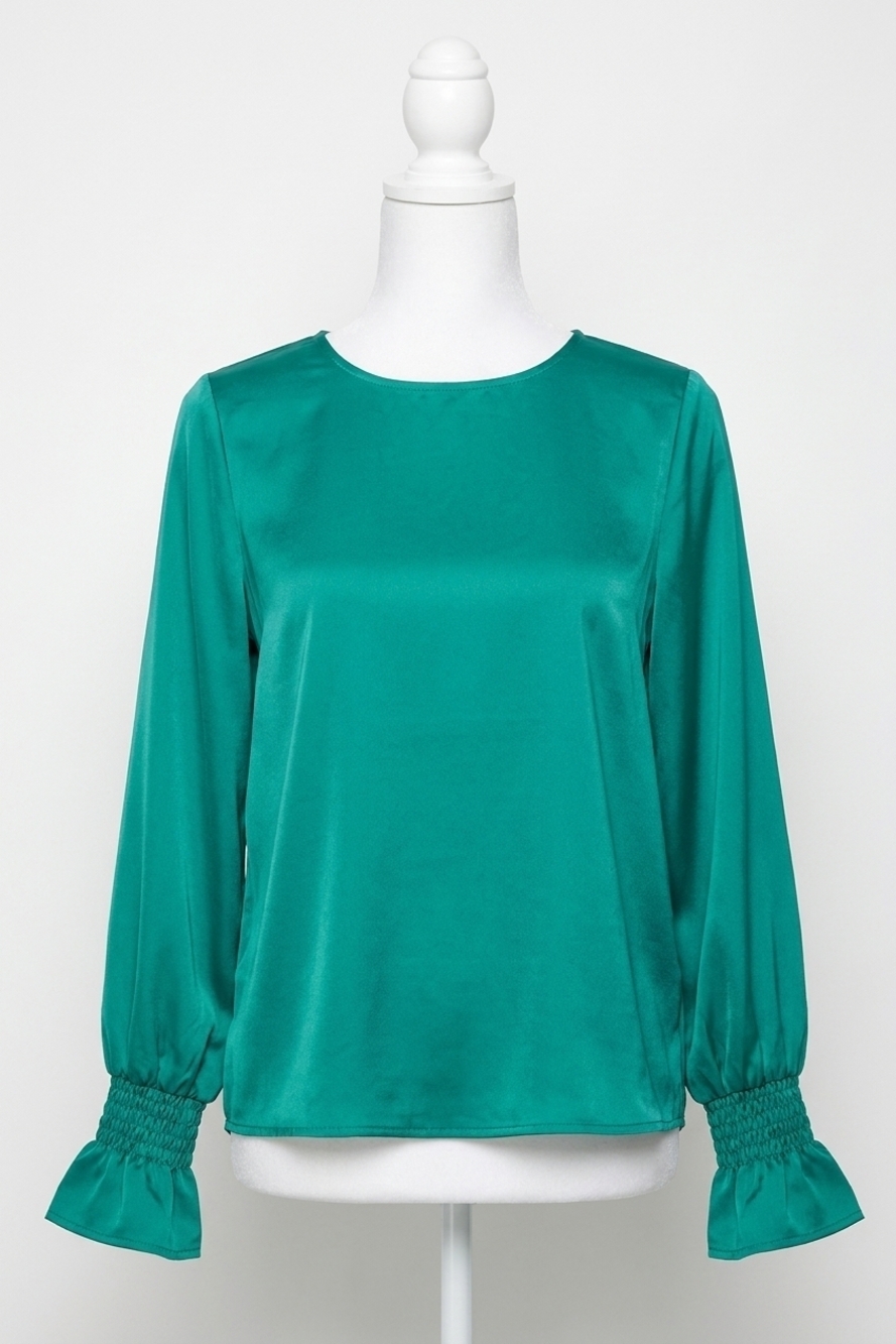 NEW SHE + SKY smocked long bubble sleeve satin top in peacock